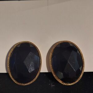 Les Bernard Vintage Jet Black and Gold Clip-on Earrings 1 3/4"